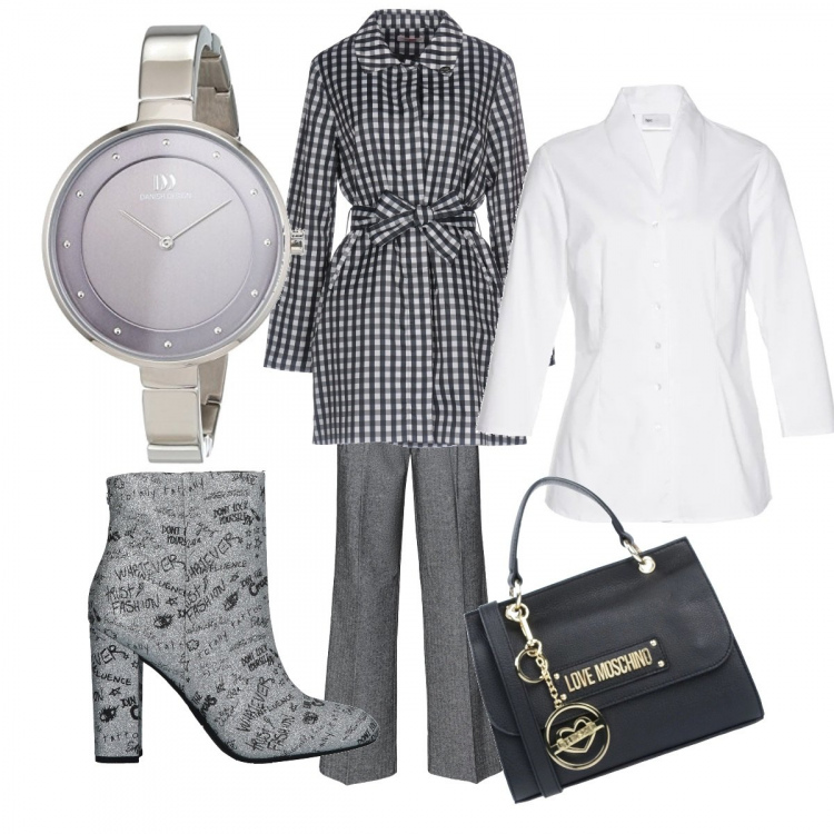 Outfit donna - Grigio stiloso. Stile Bon Ton per Ufficio. Abbinamento con camicie, soprabito in tessuto tecnico, borsa a mano mini con manico in pelle martellata tinta unita, pantalone vita alta, stivaletti fantasia glitter con tacco squadrato e zip interno sfoderato con punta tonda in pelle sintetica, orologio analogico con cinturino argento e grigio.