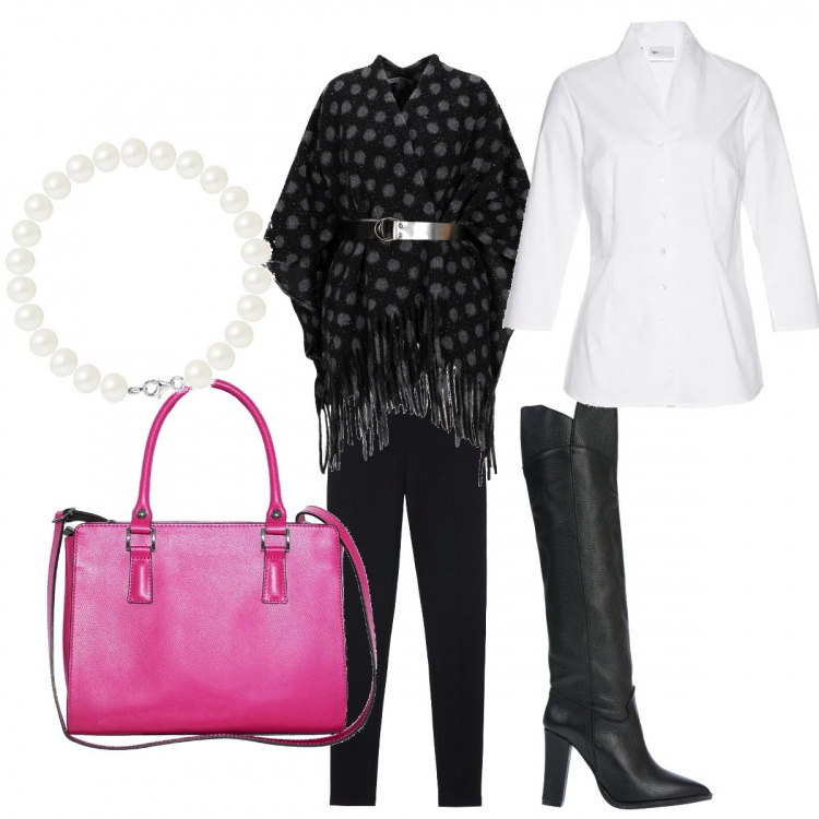 Outfit donna - Urban #3934. Stile Urban per Ufficio. Abbinamento con camicie, mantella lavorato a maglia, stivali in pelle martellata a punta tinta unita, leggings nero, borsa a mano in pelle martellata con zip e tracolla regolabile fucsia, bracciale con perle forma intrecciata bianco.