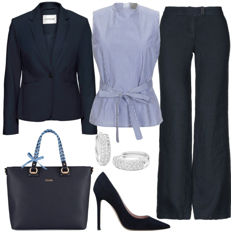 Outfit donna - Lo stile semplice di Amal Clooney. Stile Chic per Ufficio. Abbinamento con blazer, pantalone wide leg con zip in lino tinta unita, top a righe collo tondo senza maniche con laccetti elasticizzato, décolleté effetto scamosciato con tacco spillo a punta tinta unita, shopping bag con zip in pelle sintetica, orecchini.
