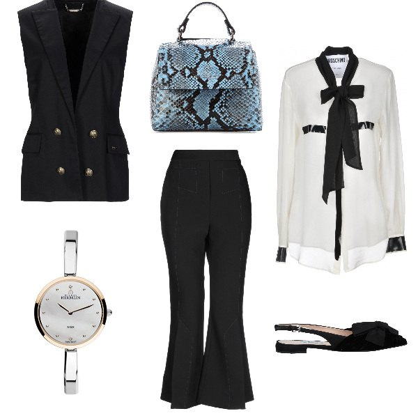 Outfit donna - Office. Stile Bon Ton per Ufficio. Abbinamento con ballerine slingback senza tacco con fibbia a punta in velluto tinta unita, pantaloni, camicia con fiocco fantasia a maniche lunghe in seta con bottoni, giacca con strass e perline collo con revers senza maniche interno foderato con spacco posteriore tinta unita, orologio analogico con cinturino, borsa a tracolla con manico e zip blu.