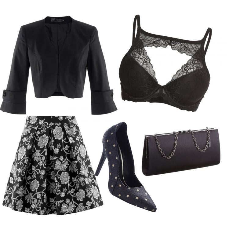 Outfit donna - Eleganza sexy. Stile Sexy per Serata fuori. Abbinamento con vestiti chemisier, reggiseno, bolero, gonna con stampa e zip con pieghe nero, pochette nero.