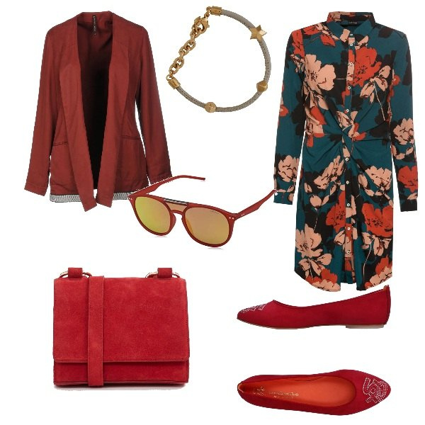Outfit donna - Basic, tocco femminile. Stile Basic per Tutti i giorni. Abbinamento con blazer, scarpe, vestiti, borsa a tracolla con cinturino effetto scamosciato, bracciale, occhiali da sole unisex-adulto arancione e grigio.