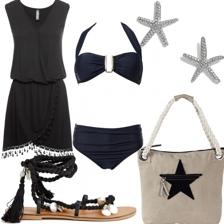 Outfit donna - Stella. Stile Trendy per Mare. Abbinamento con vestiti, shopping bag, completo, completo petite in denim, orecchini farfalla argento.