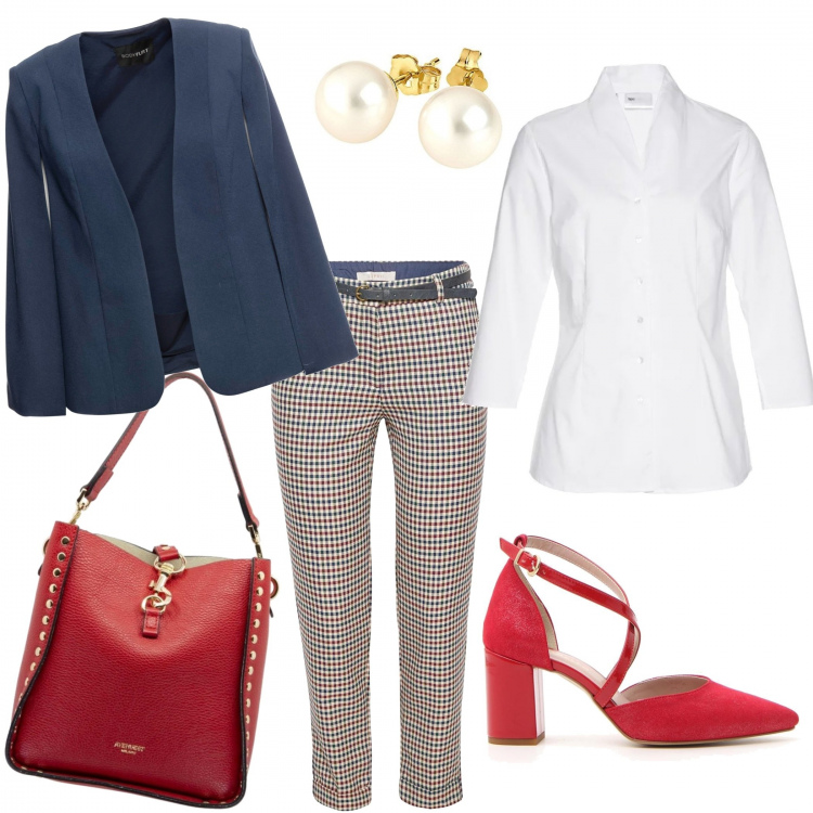 Outfit donna - Bon Ton #5433. Stile Bon Ton per Tutti i giorni. Abbinamento con camicie, blazer, pantalone navy, décolleté, pochette con borchie rosso, anello in oro giallo.