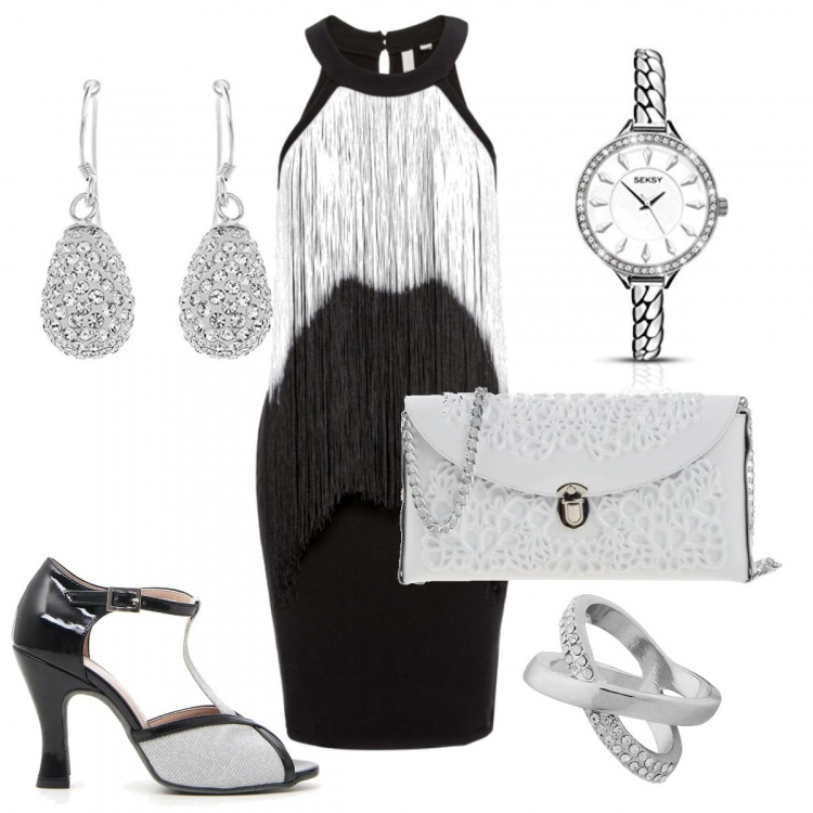 Outfit donna - Festa a tema : Anni 20 Charleston. Stile Chic per Cerimonia. Abbinamento con borsa a mano a scatto in pelle sintetica tinta unita, borse a secchiello, anello con strass argento, scarpe, orecchini pendenti argento, orologio analogico con cinturino argento e bianco.