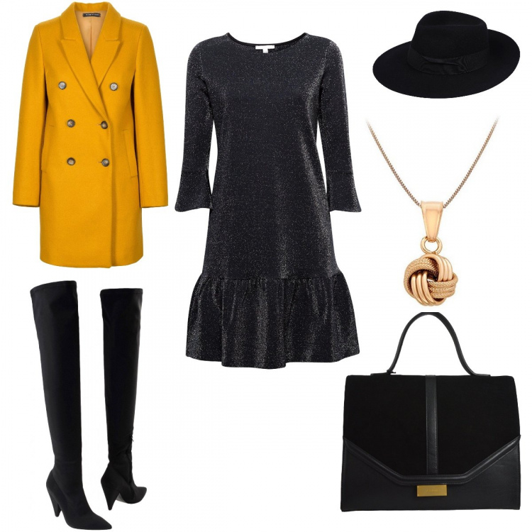 Outfit donna - Festa di compleanno in pizzeria. Stile Trendy per Serata fuori. Abbinamento con stivali con zip a punta in tessuto tecnico tinta unita, cappello in lana tinta unita, vestito nero, cappotto doppiopetto, borsa a tracolla con zip fondo con piedini nero, collana in oro rosa 9ct.