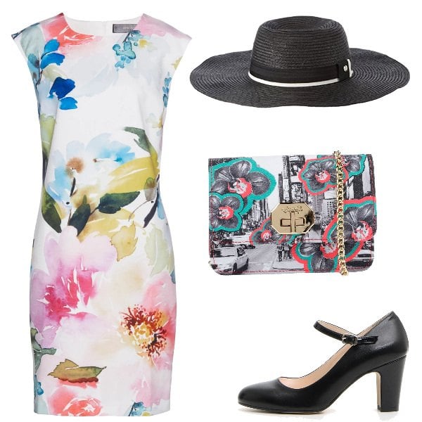 Outfit donna - Brand Inspo : MOSCHINO. Stile Trendy per Cerimonia. look ideale per Petite. Abbinamento con vestiti a tubino, borsa a tracolla mini fantasia floreale, décolleté, cappello nero.