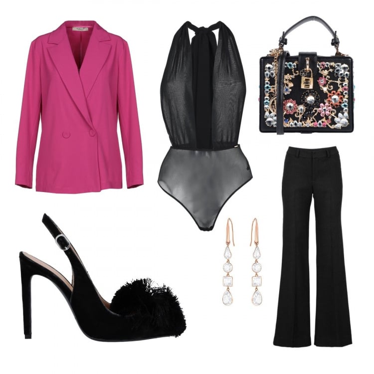 Outfit donna - Aperitivo. Stile Chic per Serata fuori. Abbinamento con body senza maniche in tulle crêpe, giacca con fiocco a maniche lunghe interno sfoderato crêpe, borsa a mano mini con strass a scatto con manico tinta unita, décolleté, pantaloni, orecchini a pendolo in oro rosa.
