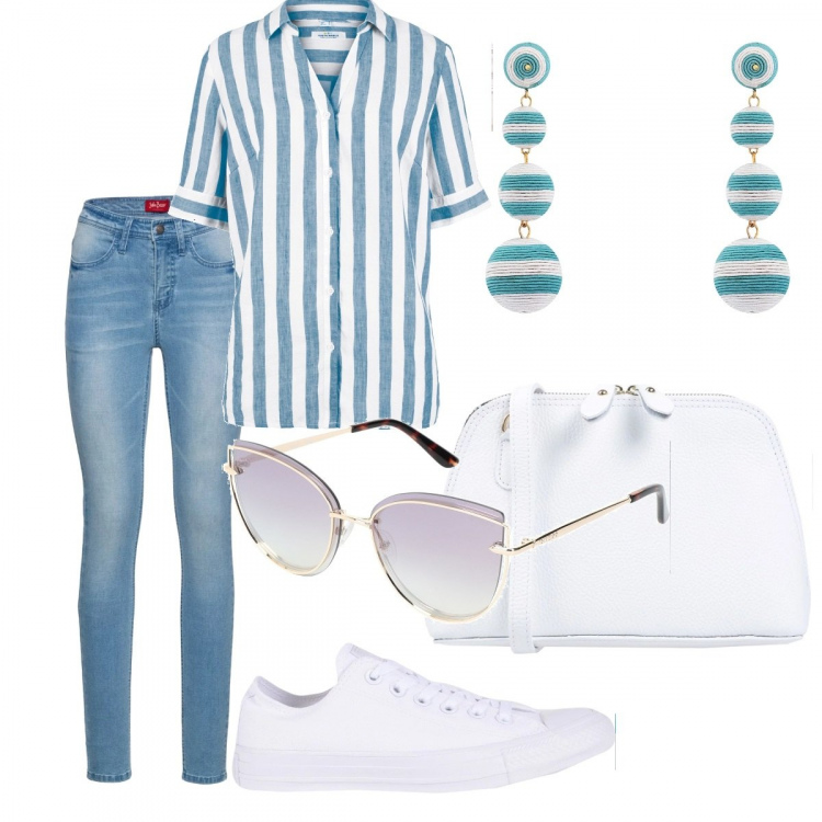 Outfit donna - Basic #6568. Stile Basic per Tutti i giorni. Abbinamento con sneakers tennis, borsa a tracolla mini in pelle martellata con zip tinta unita, occhiali da sole a gatto in montatura in metallo, orecchini, jeans skinny blu, camicia bianco.