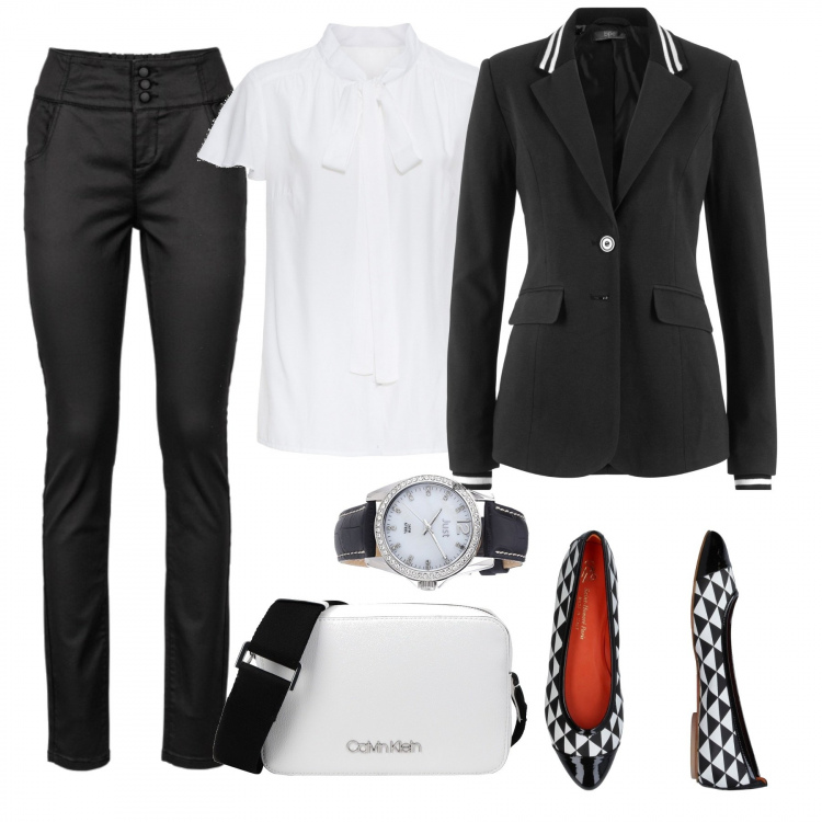 Outfit donna - Classica. Stile Bon Ton per Ufficio. Abbinamento con blazer, pantalone effetto lucido con zip elasticizzato nero, camicie a manica corta, scarpe, borsa a tracolla mini con zip interno sfoderato in pelle sintetica tinta unita, orologio analogico.