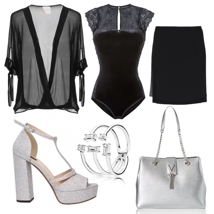 Outfit donna - Lingerie vedo non vedo!. Stile Chic per Serata fuori. Abbinamento con body in velluto, gonna in viscosa, camicia in viscosa, sandali, borsa a spalla argento, anello argento.