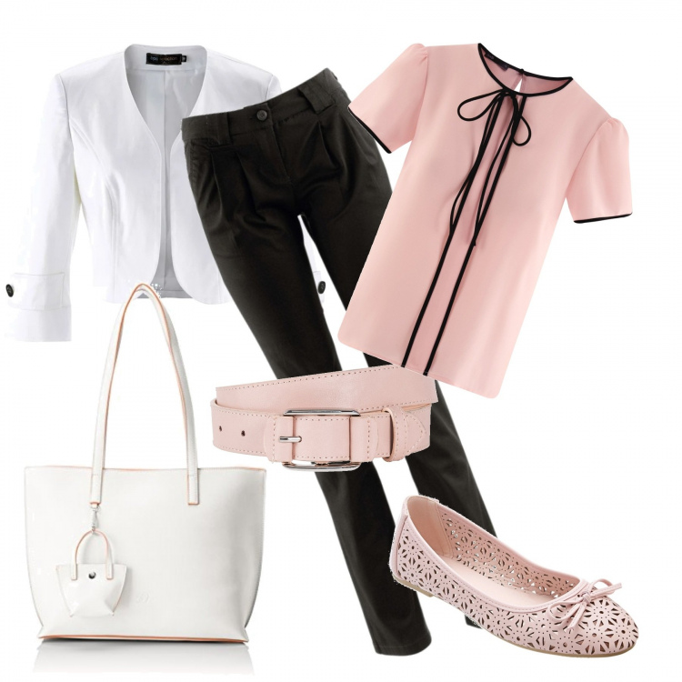 Outfit donna - Shopping time. Abbinamento con pantaloni chino, ballerine, cintura con tacco spillo e fibbia rosa, bolero, top contrasto con laccetti aderente rosa, borsa tote in denim bianco.