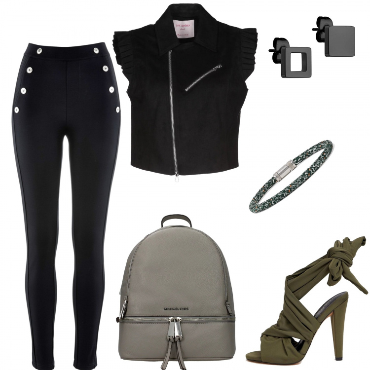 Outfit donna - E L\'anima é rock. Stile Trendy per Ufficio. Abbinamento con leggings, giacca effetto scamosciato collo classico con zip interno foderato tinta unita rosa, collane, zaino, sandali con tacco largo, orecchini.
