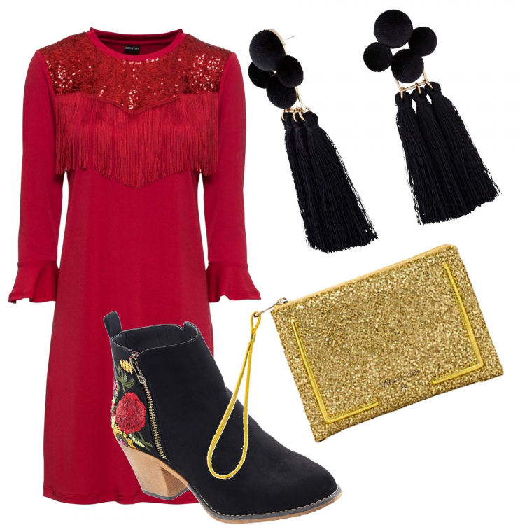 Outfit donna - L\'abito rosso con le frange. Stile Etnico per Serata fuori. Abbinamento con stivaletti, vestito forma svasata con frange e scollo a maniche lunghe in maglina rosso, orecchini, pochette a righe con zip e tasca interna.
