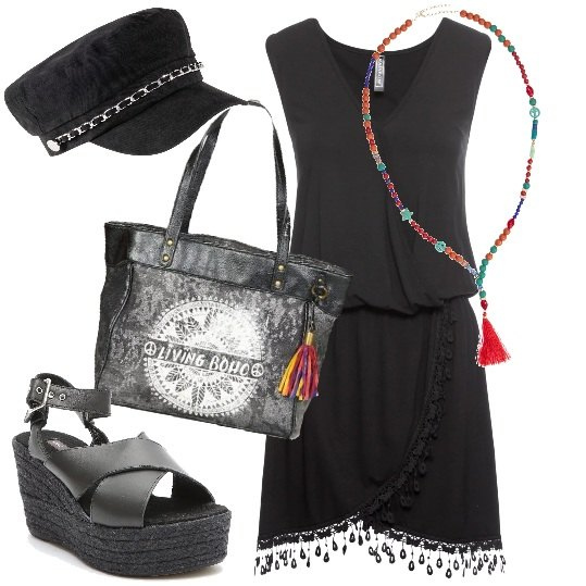 Outfit donna - Urban #3991. Stile Urban per Tutti i giorni. Abbinamento con vestiti, collana, berretto, borsa grigio, sandali con zeppe e cinturino in paglia nero.