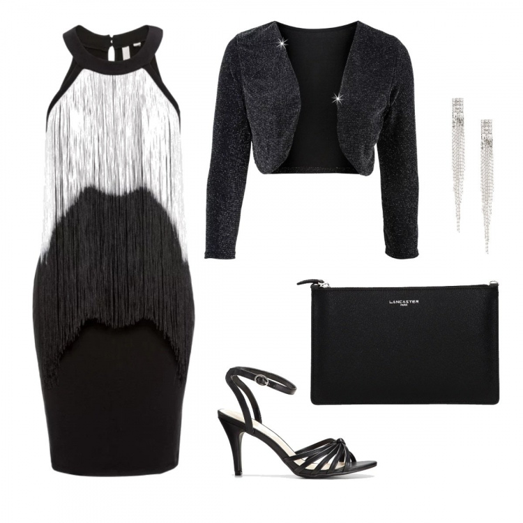 Outfit donna - Frange di sera. Stile Chic per Serata fuori. Abbinamento con borse a secchiello, bolero, sandali con tacco spillo e fibbia nero, orecchini, pochette con logo frontale nero.