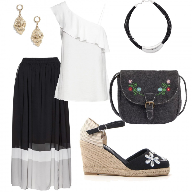 Outfit donna - Etnico #978. Stile Etnico per Tutti i giorni. Abbinamento con gonna fantasia geometrica chiffon nero, top monospalla con volant, borsa a tracolla grigio, collier, sandali, orecchini con perle oro.