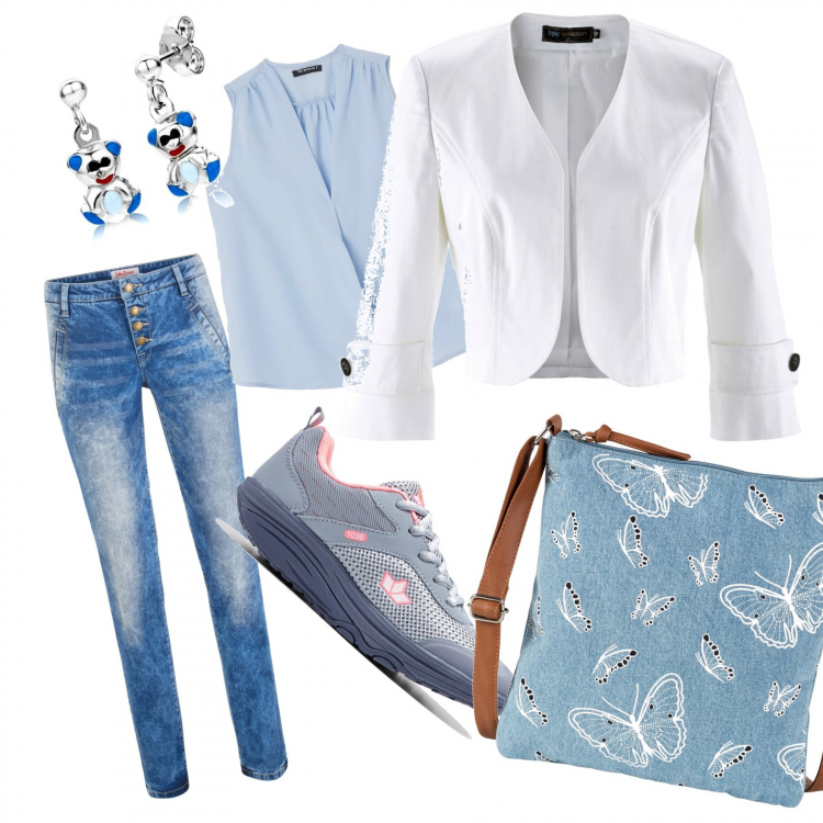 Outfit donna - Basic #7378. Stile Basic per Tutti i giorni. Abbinamento con borsa a tracolla, jeans elasticizzato taglio dritto, bolero, blusa pastello, orecchini in argento 925 multicolore.