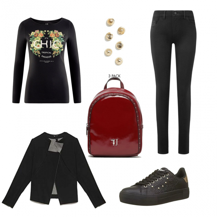Outfit donna - Funny. Stile Trendy per Tutti i giorni. Abbinamento con t-shirt a maniche lunghe elasticizzato nero, zaino con bretelle effetto lucido con zip bordeaux, jeans skinny taglia media aderente nero, scarpe da ginnastica in pelle sintetica nero, giacca, orecchini a bottone in denim oro.