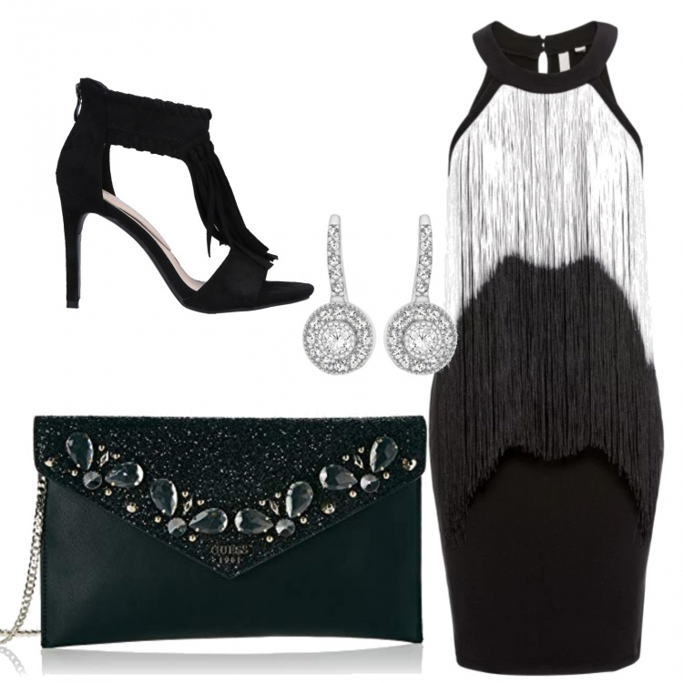 Outfit donna - Frange da ballo. Stile Sexy Abbinamento con vestiti, sandali effetto scamosciato con zip e punta tonda tinta unita, borsa a mano in ecopelle nero, orecchini a pendolo in sterling 925 ipoallergenico argento e bianco.