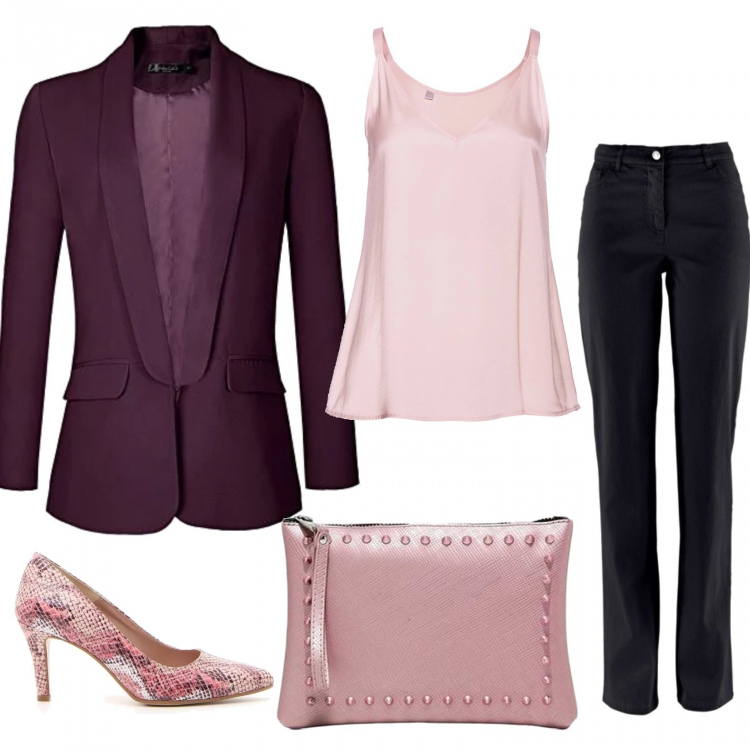 Outfit donna - Bon Ton #5538. Stile Bon Ton per Serata fuori. Abbinamento con pantaloni, top effetto satinato rosa, blazer, décolleté, pochette con borchie taglia media con zip in ecopelle.