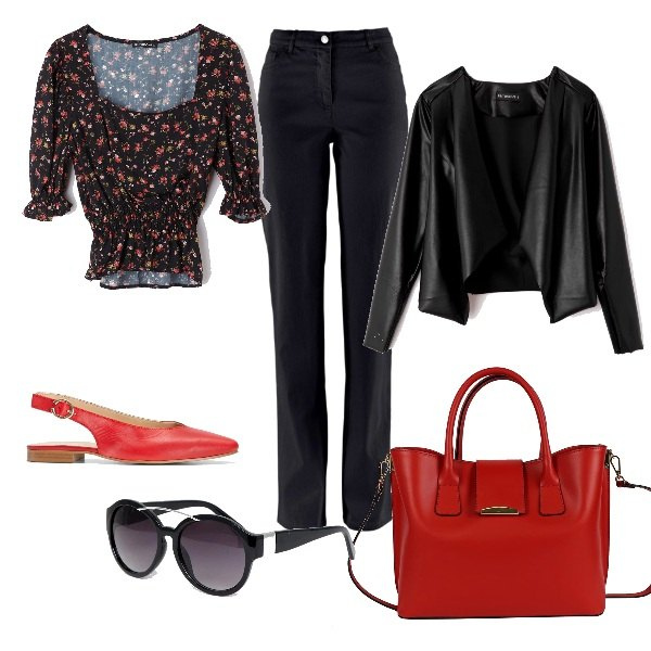 Outfit donna - Rosso e nero per una passeggiata. Stile Basic per Tutti i giorni. Abbinamento con pantaloni, ballerine, blusa fantasia floreale con scollo nero, giacca scollatura in ecopelle nero, occhiali da sole oversize lenti scure stanghette sottili protezione dai raggi, borsa a mano made italy contrasto doppio manico oro.