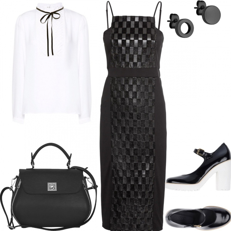 Outfit donna - Prada idea#Sotto il Vestito la camicia. Stile Bon Ton per Ufficio. Abbinamento con vestito nero, blusa, décolleté con tacco squadrato e cinturino con punta tonda in pelle tinta unita, borsa a mano con zip e tracolla regolabile nero e argento, orecchini a perno.