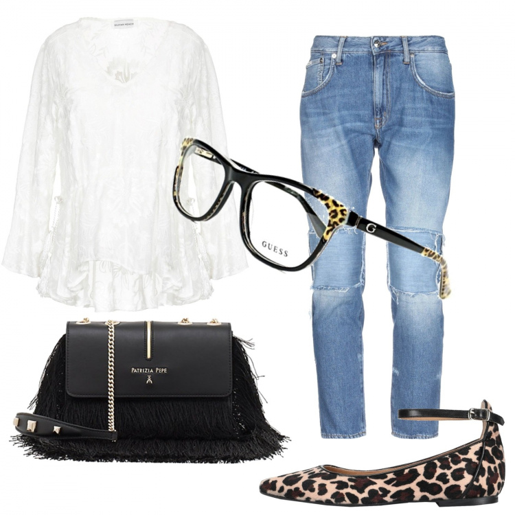 Outfit donna - Trendy #11348. Stile Trendy per Tutti i giorni. Abbinamento con ballerine fantasia con cinturino a punta in pelle, camicia, jeans slim fit, montatura occhiali unisex-adulto nero, borsa a tracolla.
