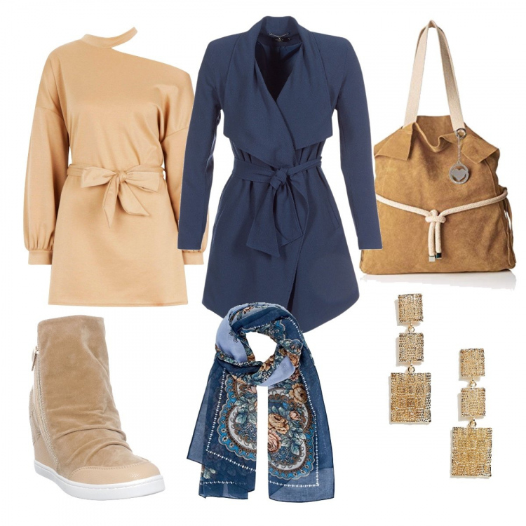 Outfit donna - Primavera imprevedibile. Stile Urban per Tutti i giorni. Abbinamento con vestito, trench blu, stivaletti con zeppe e stampa effetto scamosciato con zip e punta tonda beige, sciarpa con stampa blu, shopping bag beige e grigio, orecchini pendenti con tacco squadrato oro.