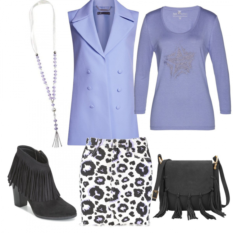 Outfit donna - Frange? Qualcuna. Stile Trendy per Tutti i giorni. Abbinamento con maglia viola, minigonna con stampa in denim, stivaletti nero, gilet a panciotto con bottoni viola, pendente con catenina, borsa a tracolla con frange e zip nero e oro.