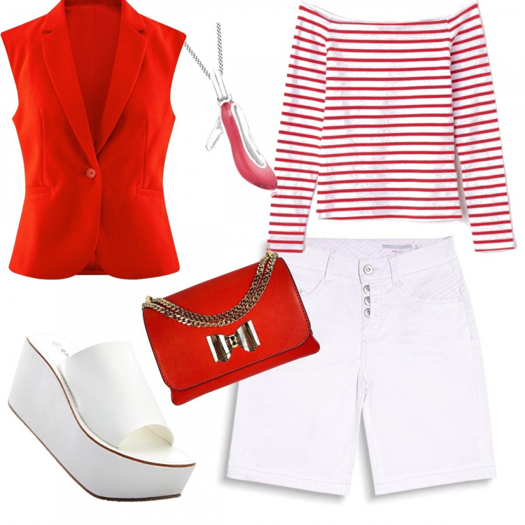 Outfit donna - Bianco e rosso. Stile Basic per Tutti i giorni. Abbinamento con sandali, t-shirt a righe con spalle scoperte a maniche lunghe rosso, gilet a panciotto attillato rosso, shorts viola, borsa a tracolla, collana con catenina argento.