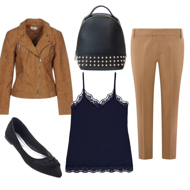 Outfit donna - Ballerine trendy. Stile Trendy Abbinamento con zaino, ballerine, giubbotto a maniche lunghe con zip interno foderato in pelle sintetica tinta unita, canottiera con pizzo e spalline sottili blu, pantalone cropped beige.