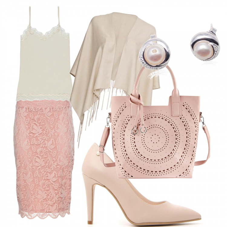 Outfit donna - Chic #6341. Stile Chic per Ufficio. Abbinamento con gonna longuette, borse a mano, cappotti, canottiera con pizzo e spalline sottili avorio, décolleté, orecchini in sterling 925 argento.