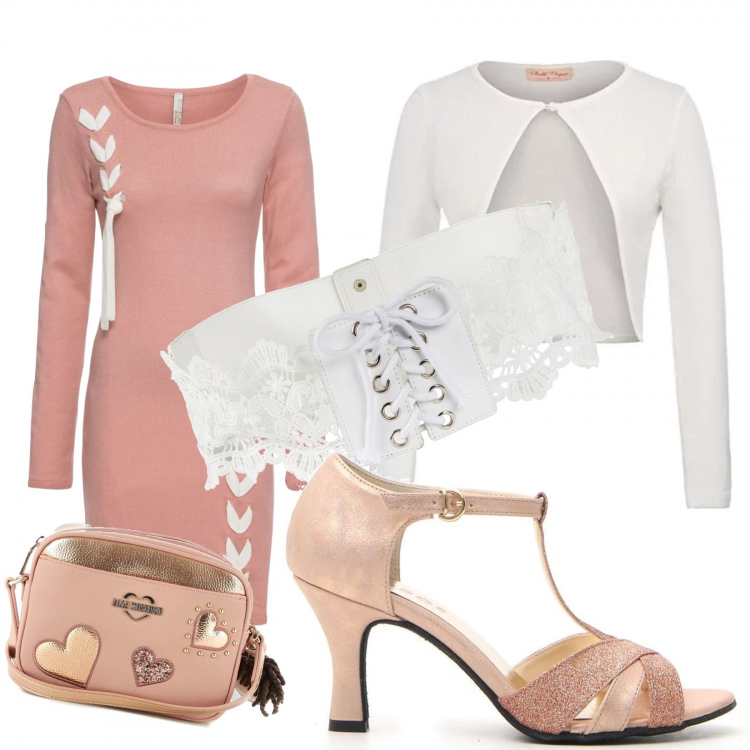 Outfit donna - La cintura. Stile Bon Ton per Tutti i giorni. Abbinamento con cintura, vestiti, scarpe, cardigan a maniche lunghe con bottoni bianco, borsa a tracolla con zip rosa.