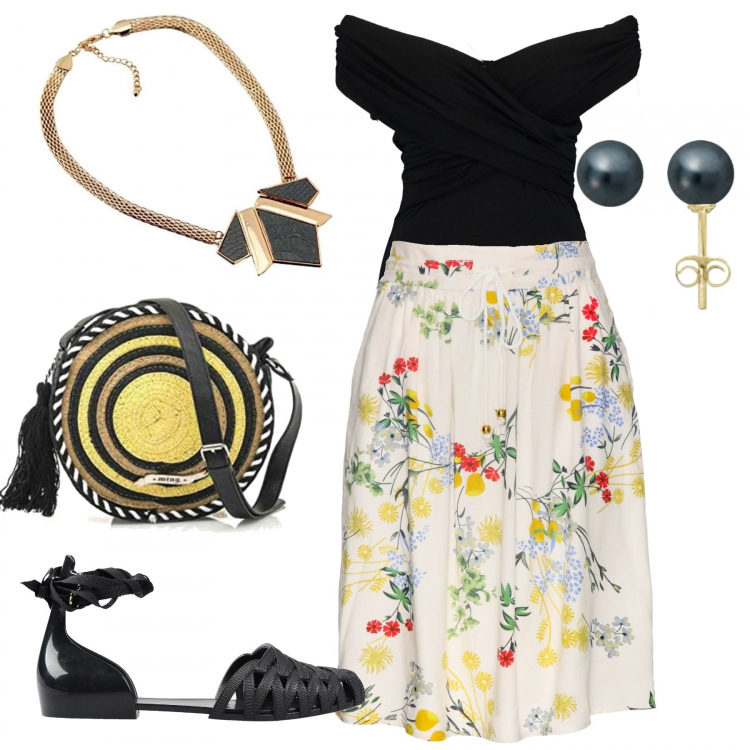 Outfit donna - Le ballerine trendy. Stile Trendy per Serata fuori. Abbinamento con gonna con coulisse bianco, ballerine interno sfoderato con punta tonda tinta unita, body con scollo, borsa a tracolla, collana in ottone oro, orecchini oro.