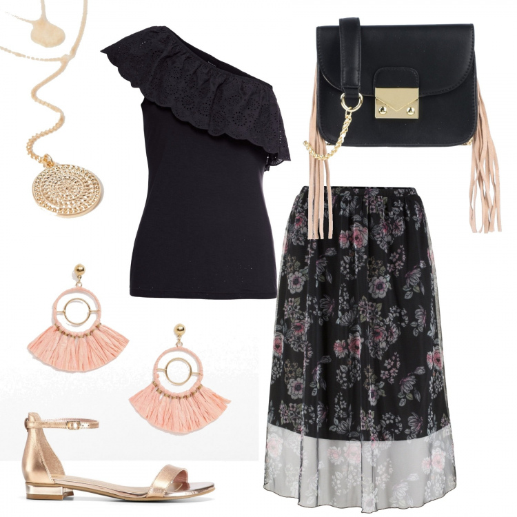 Outfit donna - Trendy #11375. Stile Trendy per Serata fuori. Abbinamento con top monospalla con ricamo, gonna fantasia floreale nero, sandali, borsa a tracolla petit a scatto in pelle tinta unita, collana oro, orecchini pendenti petite farfalla collo aperto in rafia con nappine oro e rosa.
