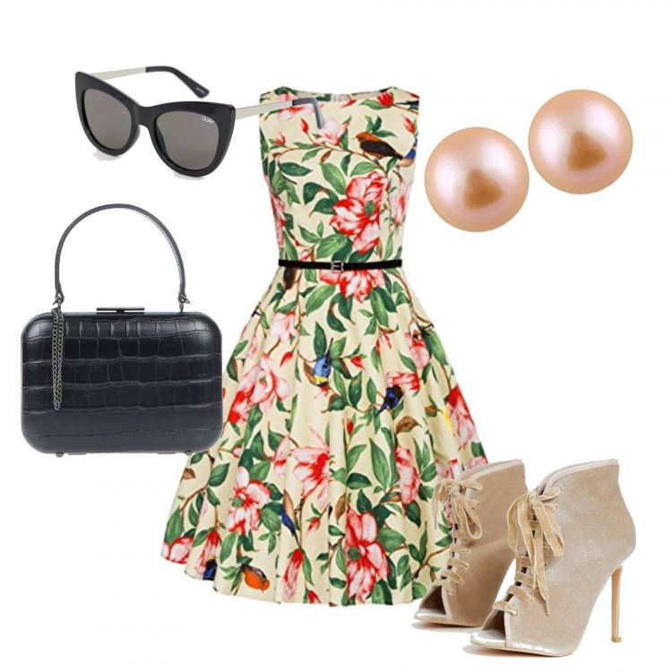 Outfit donna - Romantici anni 50. Stile Bon Ton per Cerimonia. Abbinamento con borsa a mano mini con manico e stampa a scatto interno foderato in pelle sintetica tinta unita, gonna, scarpe stringate con stringhe e stampa open toe, orecchini in argento 925 rosa, occhiali da sole a gatto lenti scure stanghette sottili protezione dai raggi.