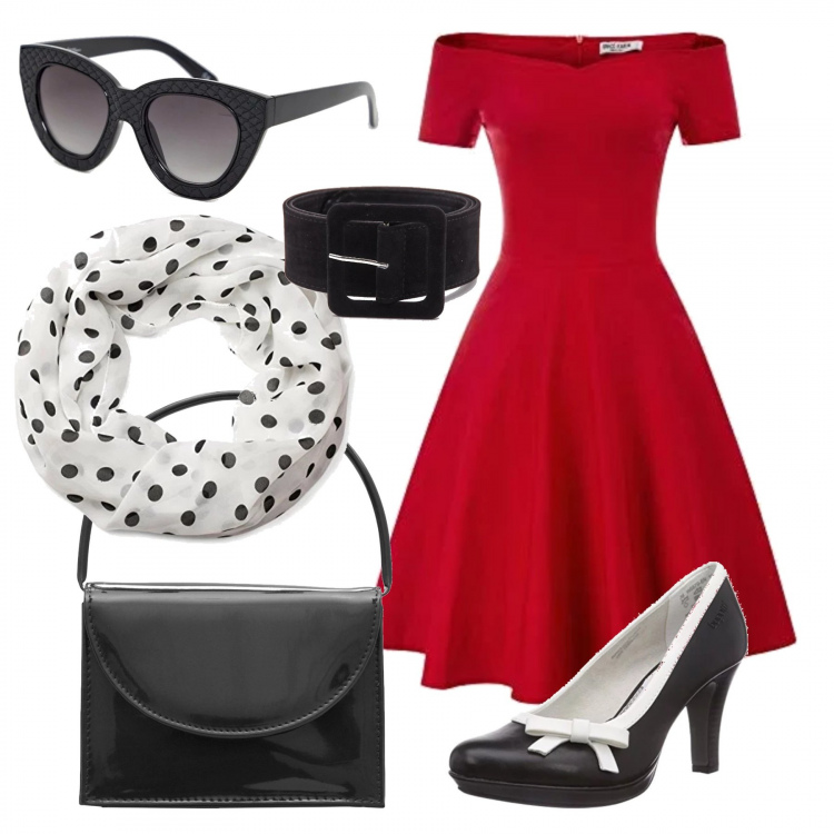 Outfit donna - Intramontabile stile anni \'50. Stile Trendy per Serata fuori. Abbinamento con borse messenger, cintura con fibbia nero, vestito con scollo a maniche 3/4, scarpe con plateau nero, sciarpa a tubo fantasia, occhiali da sole a gatto lenti colorate stanghette sottili protezione dai raggi.