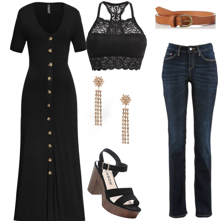 Outfit donna - Gipsycon l v abito aperto sul jeans. Stile Etnico per Tutti i giorni. Abbinamento con jeans dritti, vestito lungo con bottoni nero, sandali col tacco, bustino con spalline, cintura marrone, orecchini pendenti con pizzo farfalla con perline in seta oro.