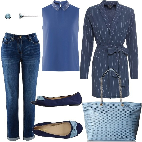 Outfit donna - In Ufficio a primavera. Stile Basic per Ufficio. Abbinamento con jeans boyfriend, blazer con cintura in maglina blu, ballerine con fiocco senza tacco open toe pianta stretta in raso tinta unita, shopping bag turchese e blu, top blu, orecchini a perno farfallina effetto lucido argento e blu.