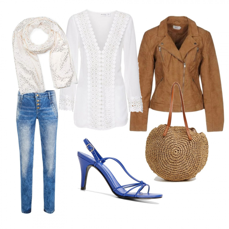 Outfit donna - Come huma thurman. Stile Etnico per Tutti i giorni. Abbinamento con tuniche, jeans elasticizzato taglio dritto, sandali, giubbotto a maniche lunghe con zip interno foderato in pelle sintetica tinta unita, shopping bag a calamita in paglia con tasca interna, sciarpa.