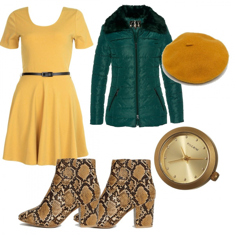 Outfit donna - Urban #4079. Stile Urban per Tutti i giorni. Abbinamento con maglieria, vestito skater con cintura a maniche corte aderente bianco, orologio, cappello in denim aderente, stivali motivo serpente con tacco largo e zip.