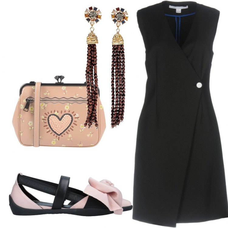 Outfit donna - Ballerina in vista. Stile Trendy per Serata fuori. look ideale per Tall. Abbinamento con ballerine, vestito corto a trapezio collo a v interno sfoderato tinta unita, orecchini, borsa a mano mini con strass fantasia floreale glitter a scatto con tasca interna.