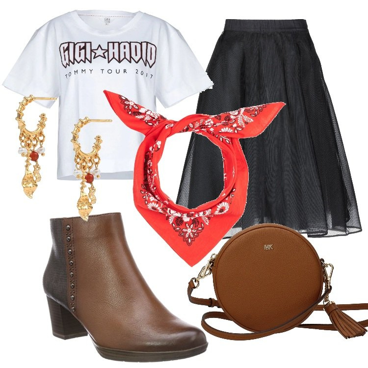 Outfit donna - Festival vibes. Stile Etnico per Tutti i giorni. Abbinamento con gonna longuette a ruota senza tasche con zip interno foderato in organza tinta unita, orecchini con perline e farfallina argento e oro, top jersey, borsa a tracolla con frange e logo frontale marrone, sciarpa rosso, stivaletti marrone.