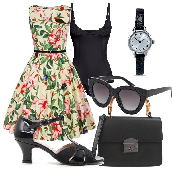 Outfit donna - Bon Ton #5622. Stile Bon Ton per Tutti i giorni. Abbinamento con perizomi, borsa a mano mini con manico a scatto interno sfoderato in pelle tinta unita, gonna, scarpe, occhiali da sole a gatto lenti colorate stanghette sottili protezione dai raggi, orologio analogico con cinturino nero.