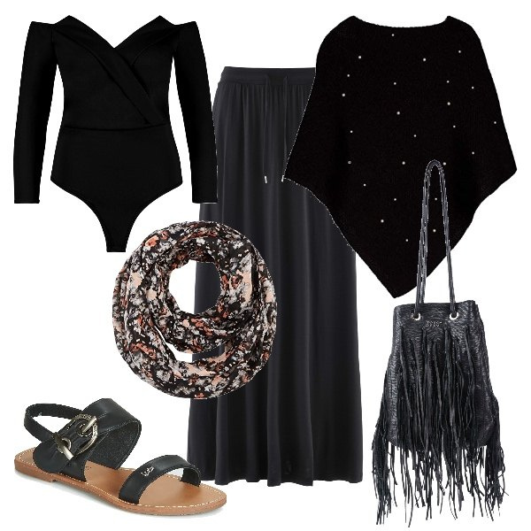 Outfit donna - Etnico #981. Stile Etnico per Serata fuori. Abbinamento con borsa a mano secchiello con stampa e frange taglia media con coulisse interno foderato in pelle tinta unita blu, gonne, body a portafoglio con scollo, sandali nero, poncio con perle girocollo senza maniche in in maglia taglia unica nero, sciarpa taglia unica multicolore e nero.