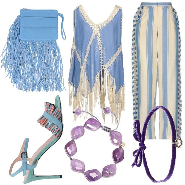 Outfit donna - Frange. Stile Etnico per Serata fuori. Abbinamento con top fantasia lavorato a maglia senza maniche vestibilità ampia, pantalone a sigaretta a righe con frange in cotone con tasche, sandali fantasia multicolore effetto scamosciato con fibbia e punta tonda, borsa a mano mini in pelle martellata con zip interno foderato tinta unita, ciondoli, bracciale in ottone forma intrecciata rosa.