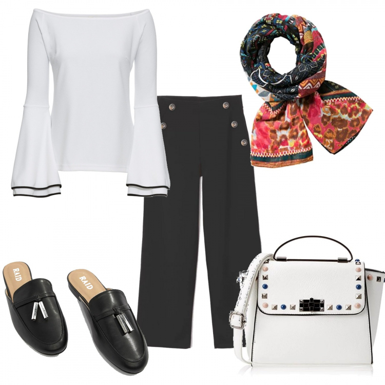 Outfit donna - Comoda e trendy. Stile Trendy per Tutti i giorni. Abbinamento con maglia con spalle scoperte bianco, pantalone wide leg con bottoni nero, borsa a tracolla mini bianco, sabot con punta tonda nero, sciarpa arancione.