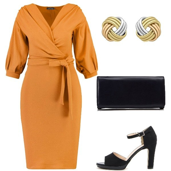 Outfit donna - Morbidi anni \'50. Stile Bon Ton per Cerimonia. Abbinamento con vestito longuette a portafoglio maxi con scritte e scollo aderente bianco e vivace, sandali, sabot, mules e ciabattine trendy, shopping bag taglia unica blu, orecchini a perno con nodi contrasto oro e rosa e bianco e giallo.