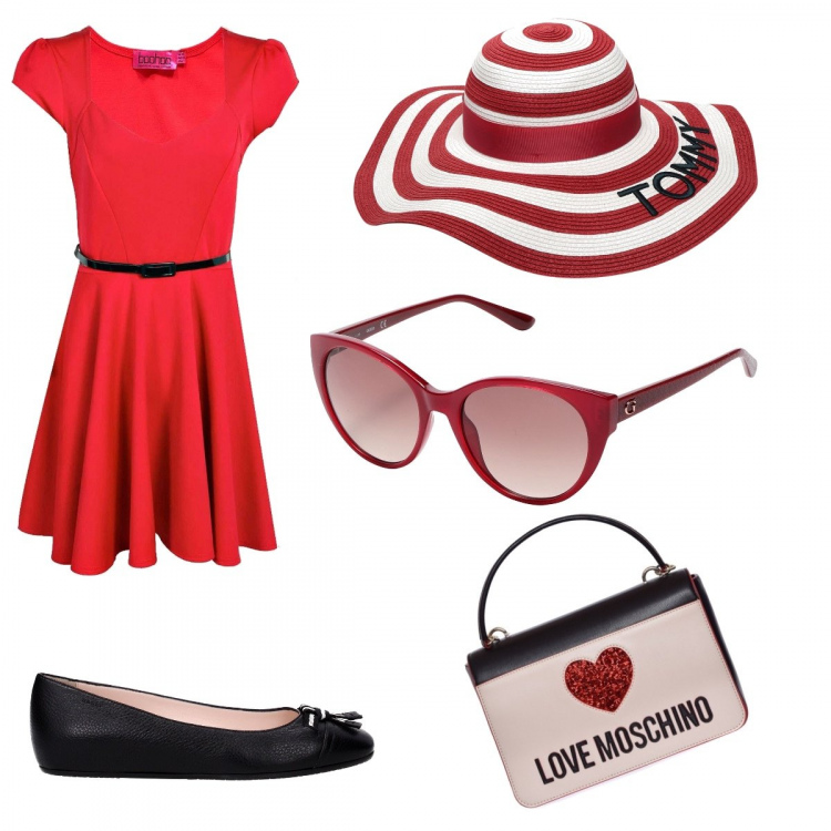 Outfit donna - Bon Ton #5630. Stile Bon Ton per Tutti i giorni. Abbinamento con occhiali da sole lenti sfumate montatura in plastica, cappello a righe con ricamo taglia media, vestito skater maxi con scritte e scollo aderente bianco e vivace, ballerine, borsa a tracolla.